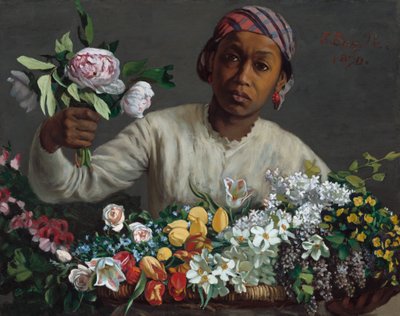 Joven mujer con peonías de Frédéric Bazille