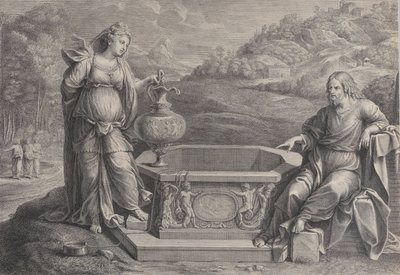 Cristo, sentado a la derecha, y la mujer de Samaria, que está de pie a la izquierda, ca. 1729 de Frédéric Horthemels