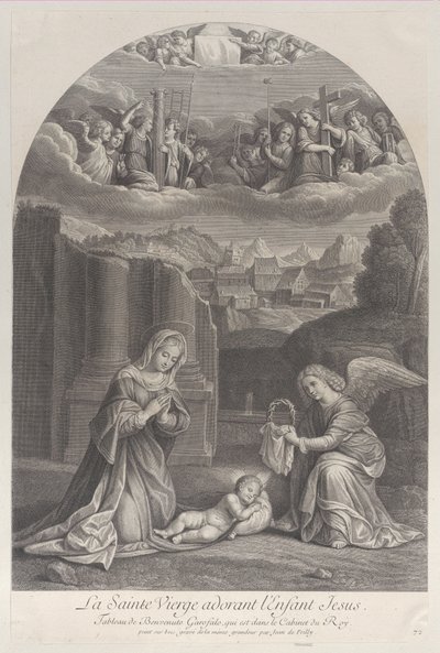 La Virgen María adorando al niño Cristo, un ángel sosteniendo una corona de espinas a la derecha de Frédéric Horthemels