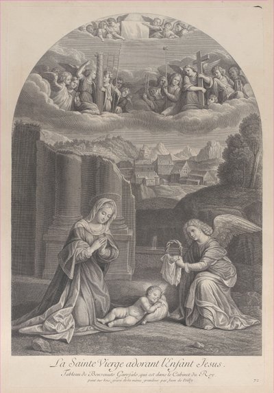 La Virgen María adorando al niño Cristo, un ángel sosteniendo una corona de espinas a la derecha, ca. 1729 de Frédéric Horthemels