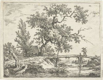 paisaje con hombre en puente de Frédéric Théodore Faber