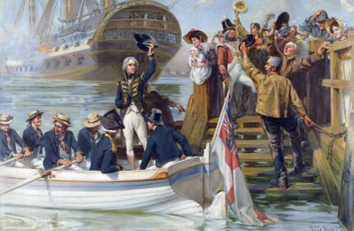 ¡Adiós, joven! Horatio Nelson saliendo de Portsmouth (litografía en color) de Fred (after) Roe