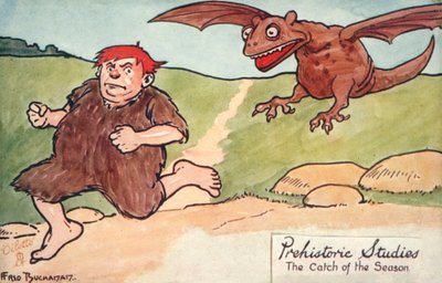 Estudios prehistóricos - la pesca de la temporada (litografía en color) de Fred Buchanan