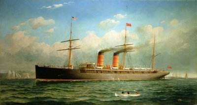 El transatlántico Cunard R.M.S. Umbría frente a Brooklyn Heights, en el East River, Nueva York de Fred Pansing