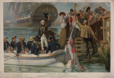Nelson saliendo de Portsmouth para navegar hacia Trafalgar en el Victory (cromolito) de Fred Roe