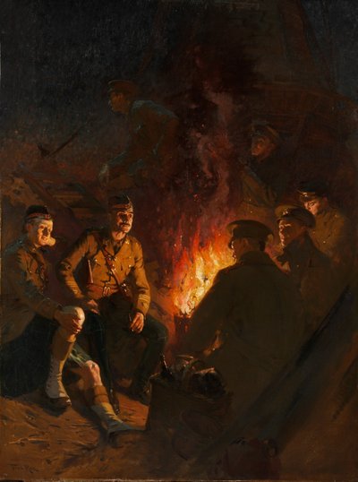 En algún lugar del frente, soldados alrededor de un fuego de campamento por la noche, Frente Occidental de Fred Roe