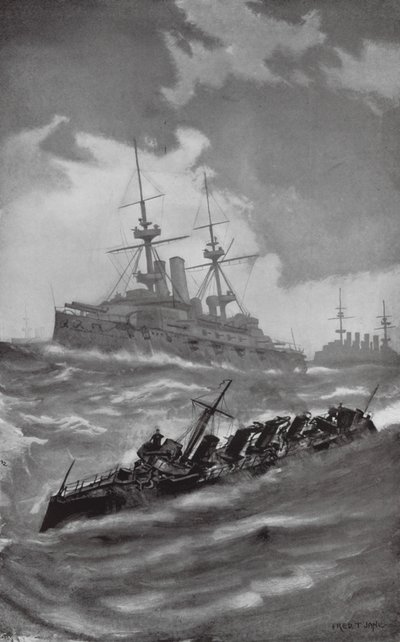 HMS Mars, Terrible y Dragon navegando por el Canal de la Mancha (litografía) de Fred T. Jane