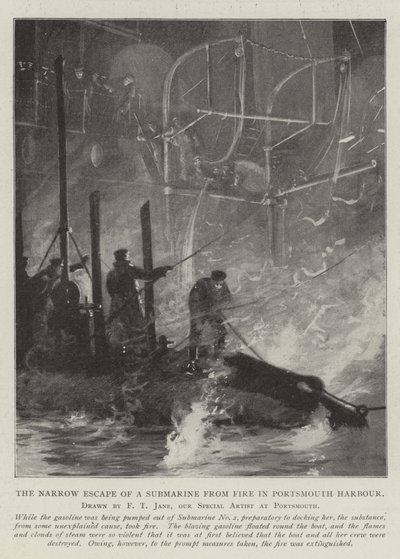 La estrecha escapada de un submarino del fuego en el puerto de Portsmouth de Fred T. Jane