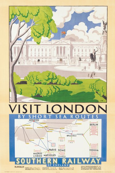 "Visite Londres", cartel publicitario de los Ferrocarriles del Sur de Freda Beard