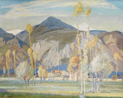 Los Alpes Marítimos, cerca de Alassio (Témpera sobre seda colocada sobre tabla) de Freda Marston