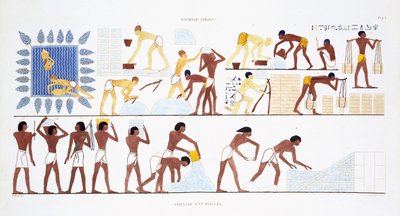 La fabricación de ladrillos, a partir de un raro registro de frescos de Tebas, registrado en 1819-1822 en su segunda visita a Egipto por Frederic Cailliaud (1787-1869), litografía en color de Frederic (after) Cailliaud