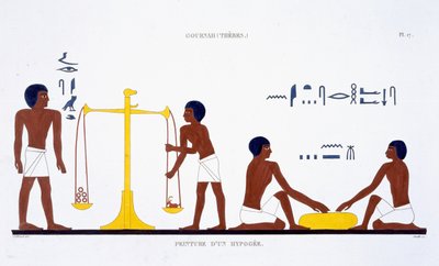 Rituales de la muerte (tema poco claro), de un raro registro de frescos de Tebas, registrado en 1819-1822 en su segunda visita a Egipto por Frederic Cailliaud (1787-1869) (litografía en color) de Frederic (after) Cailliaud