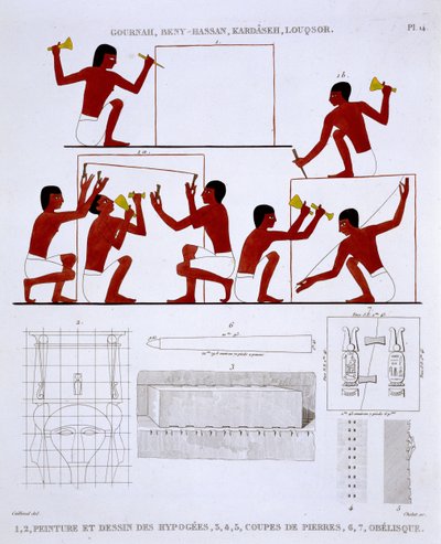 Canteros trabajando, de un raro registro de frescos de Tebas, registrado entre 1819 y 1822 en su segunda visita a Egipto por Frederic Cailliaud (1787-1869), litografía en color de Frederic (after) Cailliaud