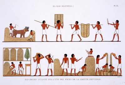 Transporte, almacenamiento y registro de los almacenes de grano, a partir de un raro registro de frescos de Tebas, grabado en 1819-1822 en su segunda visita a Egipto por Frederic Cailliaud (1787-1869), litografía en color de Frederic (after) Cailliaud