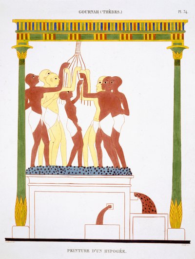 Uvas pisadas, de un raro registro de frescos de Tebas, registrado entre 1819 y 1822 en su segunda visita a Egipto por Frederic Cailliaud (1787-1869), litografía en color de Frederic (after) Cailliaud