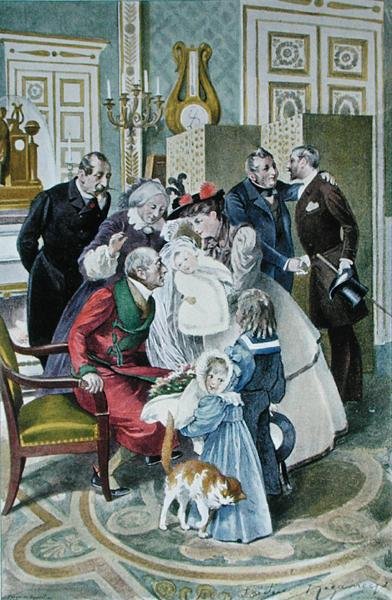 La visita a los abuelos, después de una acuarela original, finales del siglo XIX (litografía en color) de Frederic (after) Regamey