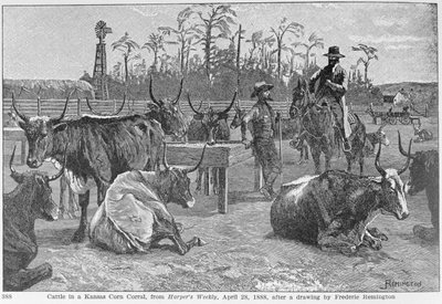 Ganado en un corral de maíz en Kansas, ilustración de 