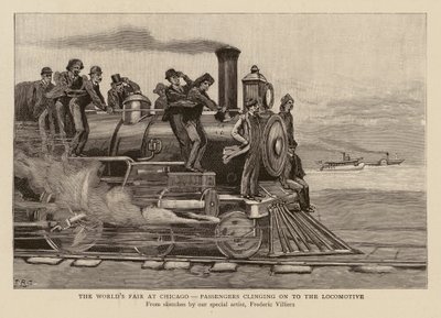 Pasajeros aferrados a la locomotora en la Exposición Universal de Chicago (grabado) de Frederic (after) Villiers