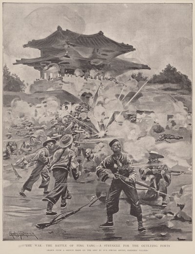 La guerra, la batalla de Ping Yang, una lucha por los fuertes periféricos (litografía) de Frederic (after) Villiers