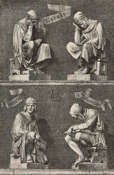 Alegoría del Estudio, figuras decorativas en la base de la estatua de Martin Schongauer creada por Auguste Bartholdi (1834-1904) para el convento de Unterlinden, Colmar, Francia. de Frederic Auguste Bartholdi