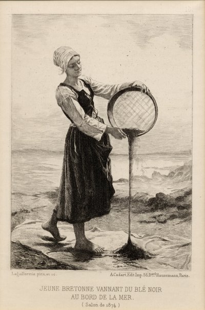 Una joven bretona aventando trigo sarraceno en la playa, grabado por Cadart en 1874 de Frederic Auguste Laguillermie