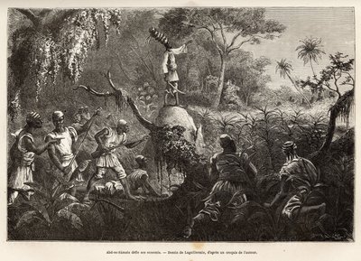 Abd es Samate, amigo y teniente de Mounza, rey de los Mombuttous, desafía a sus enemigos los Zandes (o niam niam) que les declararon la guerra, grabado después del dibujo de Laguillermie, ilustrando un viaje al corazón de África, en 1868-1871, por el Dr. G de Frederic Auguste Laguillermie