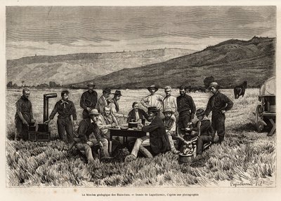 La misión geológica de los Estados Unidos es joven en la llanura, grabado después del dibujo de Laguillermie, ilustrando un conjunto de misiones geográficas a través del Parque Nacional de los Estados Unidos, de 1870 a 1872, por los señores Hayden, Doane y de Frederic Auguste Laguillermie