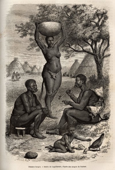 Tipos y actividades de las mujeres Bongos (Sudán Central), con sus adornos de metal, campanas y grapas que se ponen en las orejas y los labios, grabado después del dibujo de Laguillermie, ilustrando el viaje al corazón de África en 1868-1871, por el Dr. Ge de Frederic Auguste Laguillermie