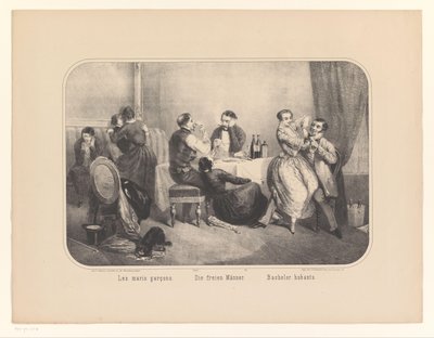 Grupo de hombres y mujeres en un interior
Les maris garçons / Die freien Männer / Bachelor hubants (título en el objeto) de Frederic Charles Wentzel (possibly)