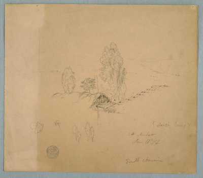 Dibujo, Un tejado de paja y otro de tejas con copas de árboles en un paisaje montañoso cerca del Chimborazo, Ambato, Ecuador, 17 de junio de 1857. de Frederic Edwin Church