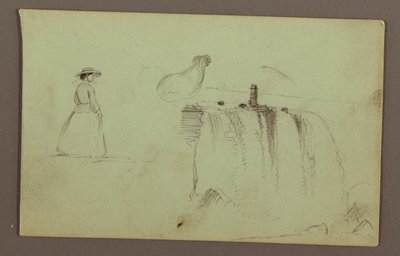 Dibujo, Una chica andando, un pollo agazapado y las cataratas americanas en el río Niágara, posiblemente 1856 de Frederic Edwin Church
