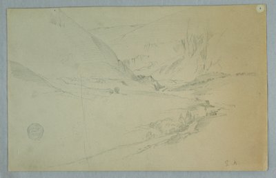 Dibujo, Valle montañoso andino con arroyo serpenteante, Colombia o Ecuador, 1857 de Frederic Edwin Church