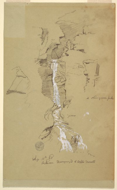 Dibujo, Cascada entre Ceppo Morelli y Macugnaga de Frederic Edwin Church