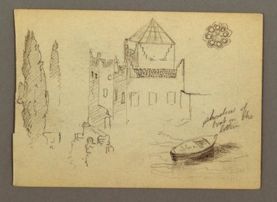 Dibujo, Castillo junto al agua, barco, árboles, posiblemente 1868 de Frederic Edwin Church