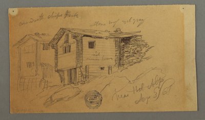 Dibujo, Detalles de cobertizos de montaña, casas y una roca, Alpes berneses, Suiza, 3 de septiembre de 1868 de Frederic Edwin Church