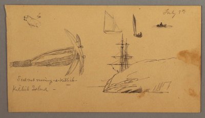 Dibujo, Perro, estudios de velero, ancla, acantilados, posiblemente 8 de julio de 1859 de Frederic Edwin Church