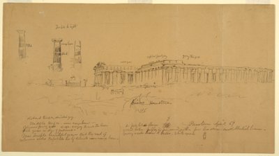 Dibujo, Templos griegos dóricos de Atenea (antes Ceres), Hera II (antes Neptuno) y Hera I (antes Basílica), Paestum, Salerno, Italia, abril de 1869. de Frederic Edwin Church