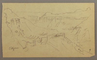 Dibujo, Valle de El Yemen, Arabia: Vista de un valle sinuoso con una caravana, 20 de febrero de 1868 de Frederic Edwin Church