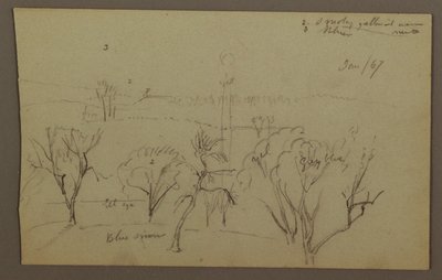 Dibujo, colinas, árboles, sol bajo, 1867 de Frederic Edwin Church