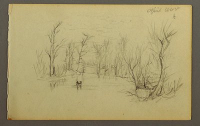 Dibujo, estanque Htakie (), dos personas en canoa, 1845 de Frederic Edwin Church