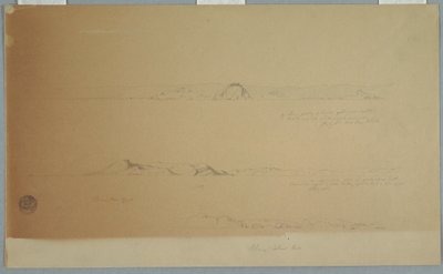 Dibujo, Paisaje cerca de la isla de Fogo, Brimstone, Head, Change Island Rocks, 2 de julio de 1869 de Frederic Edwin Church