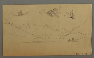 Dibujo, Castillo medieval, dos torres, estudios de figuras, cerca de Thun, posiblemente 1868 de Frederic Edwin Church