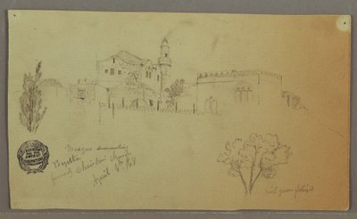 Dibujo, Mezquita y edificios adyacentes, árboles, 4 de abril de 1868 de Frederic Edwin Church