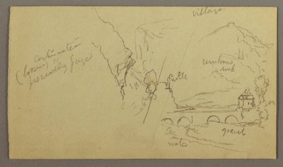 Dibujo, Valle montañoso, puente, edificios, posiblemente 1868-69 de Frederic Edwin Church