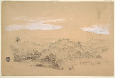 Dibujo, Recuerdo de una vista desde una colina cerca de Cartago, Colombia, con una mujer que lleva un cántaro de agua en la cabeza, julio de 1853 de Frederic Edwin Church