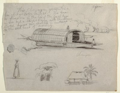 Dibujo, Bocetos de Colombia - Embarcación Fluvial (Champán), una Mujer, Grupo de Árboles, una Casa de Frederic Edwin Church