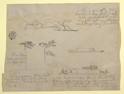 Dibujo, Bocetos de Colombia: Árboles y embarcaciones fluviales (Champans), 1853 de Frederic Edwin Church
