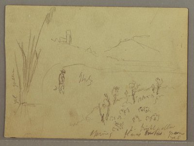 Dibujo, Bocetos de Italia: Edificio con torre, montaña y hombre, 29 de abril de 1869 de Frederic Edwin Church