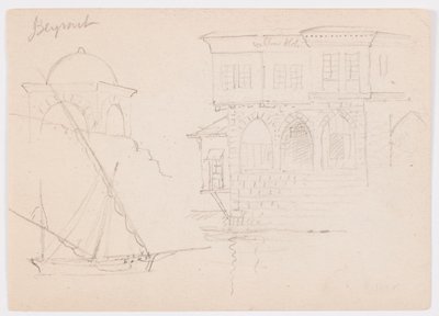 Dibujo, Bocetos de una estructura abovedada, barco y casa señorial, enero de 1868 de Frederic Edwin Church