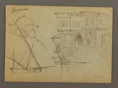 Dibujo, Bocetos de una estructura abovedada, barco y casa señorial, enero de 1868 de Frederic Edwin Church